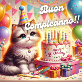 Immagine di buon compleanno con gatto accanto a una torta colorata con candeline accese, decorazioni festose con palloncini e coriandoli.
