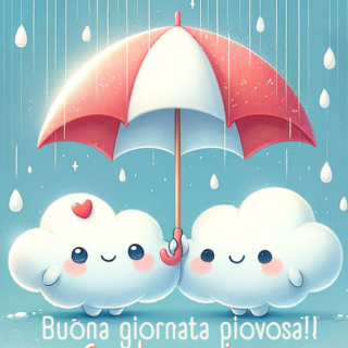 Nuvole sorridenti condividono un ombrello in una giornata di pioggia, con testo di buongiorno ottimistico Buongiorno con pioggia immagini per augurare buona giornata piovosa