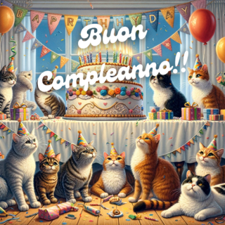 Immagine di buon compleanno con gruppo di gatti festeggianti intorno a una grande torta, decorazioni con palloncini e bandierine