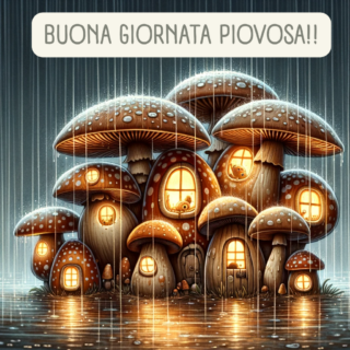 Buongiorno con pioggia immagini per augurare buona giornata piovosa casette a forma di fungo sotto la pioggia