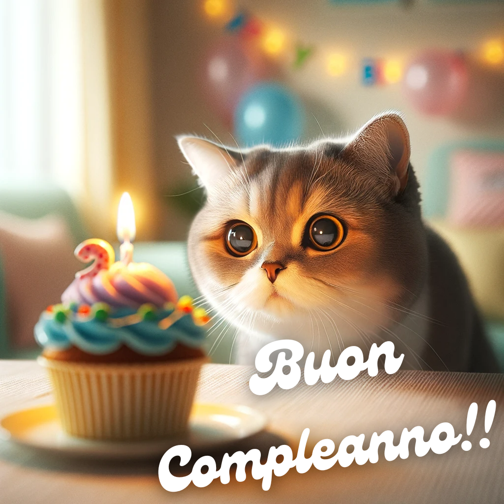 Immagine di buon compleanno con gatto affascinato da cupcake con candela, decorazioni discrete e atmosfera accogliente.
