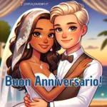 Buon anniversario di matrimonio: una coppia di sposi felice e la scritta "Buon Anniversario!"