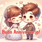 Buon anniversario di matrimonio: una coppia di sposi felice e la scritta "Buon Anniversario!"