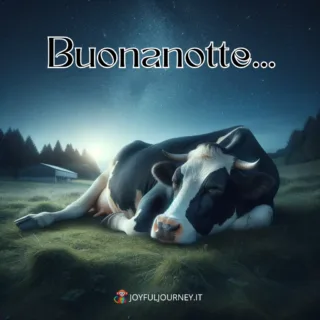 Immagini della buonanotte con animali che dormono - Una mucca che dorme e la scritta: "Buonanotte", per augurare una buona notte su WhatsApp.