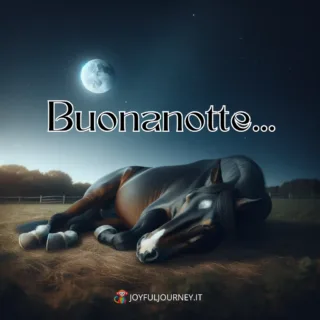 Immagini della buonanotte con animali che dormono - Un cavallo che dorme e la scritta: "Buonanotte", per augurare una buona notte su WhatsApp.