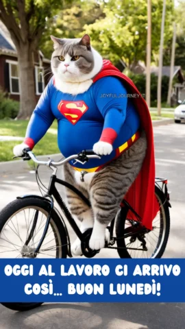 L'immagine presenta un gatto corpulento in sella a una bicicletta, vestito da Superman. Il gatto guarda serio verso l'orizzonte, e la sua espressione è comica contrastando con l'eroico costume. Il cielo è chiaro e l'ambientazione sembra essere un tranquillo quartiere residenziale. In basso c'è una banda con scritta "Oggi al lavoro ci arrivo così... Buon lunedì!", suggerendo un tono scherzoso e motivazionale per iniziare la settimana. Il sito web "joyfuljourney.it" è citato nell'angolo in alto a sinistra, indicando probabilmente il proprietario o la fonte dell'immagine.