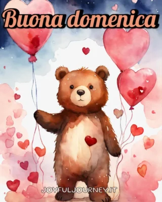 Un augurio di buona domenica con un orso circondato da cuori, che tiene in mano un palloncino a forma di cuore